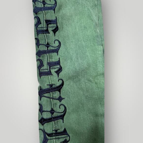 VALABASAS Flare Jeans Size 28 Green Gothic Print  L41 - Picture 4 of 10